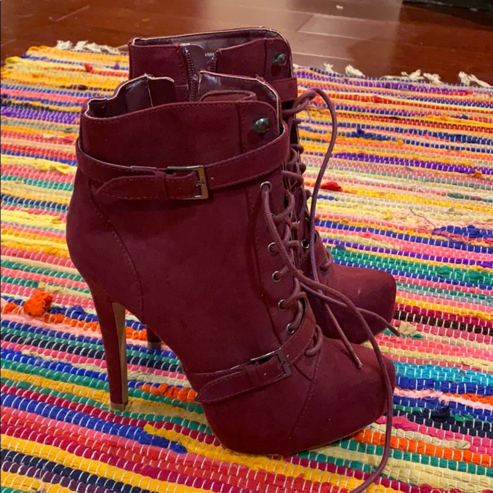 Burgundy Lace Up Stiletto Boots